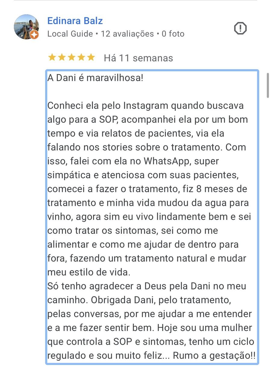 Avaliação cinco estrelas no Google de uma paciente